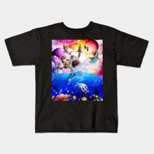 Rainbow Galaxy Cat Riding Shark In Space Kids T-Shirt